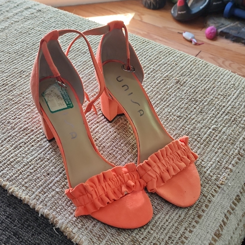 Unisa Orange Block Heel Sandals with Ruffle Detail